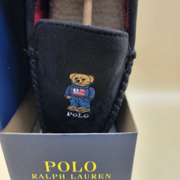 Polo Ralph Lauren Americana Polo Bear Slippers Memory Foam Black Size 10 New - Picture 8 of 13
